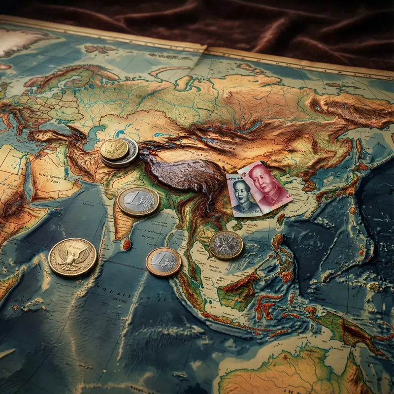 The De-Dollarization Reality: How Currency Shifts Are Reshaping Your World 1 Close-up photo of a wooden world map with US, Euro, and Yuan coins placed on their respective continents.