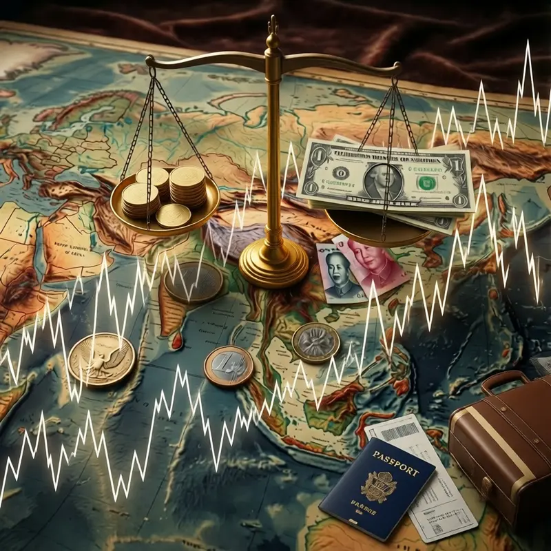 Split-screen image showing a phone with a currency graph next to a passport and foreign banknotes.