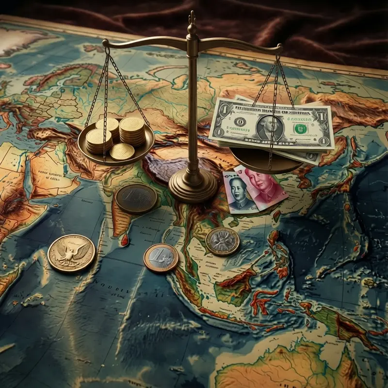 A 3D rendering of a scale unbalanced by a stack of gold bars and a single US dollar coin.